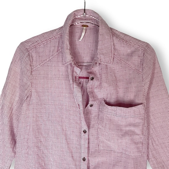 Free People No Limits Shirt Sz XS Button Down Oversized Tunic Striped Red - Picture 4 of 12